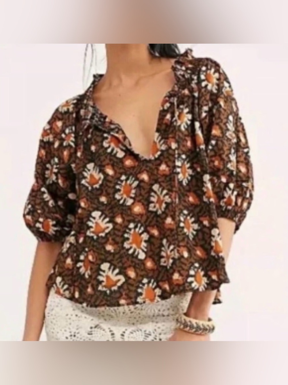 Free People Women’s Willow Print Puff Sleeve Black Orange Blouse Size XS